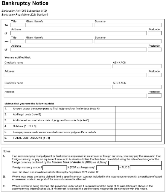A form of bankruptcy notice, as per subsection 9(1), 1/3