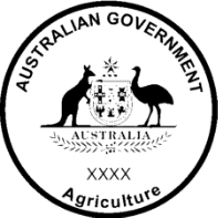 A circle containing the Commonwealth Coat of Arms of Australia in the centre, with XXXX directly below, and the words AUSTRALIAN GOVERNMENT Agriculture written around the inside edge of the circle