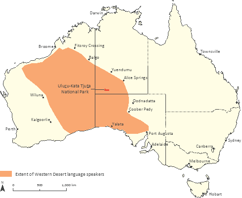 Figure 1, Map of approximate present-day extent of Western Desert language speakers