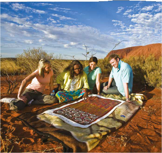 Chapter heading featuring a photograph of four people sitting and observing Indigenous artwork with Uluru in the backdrop