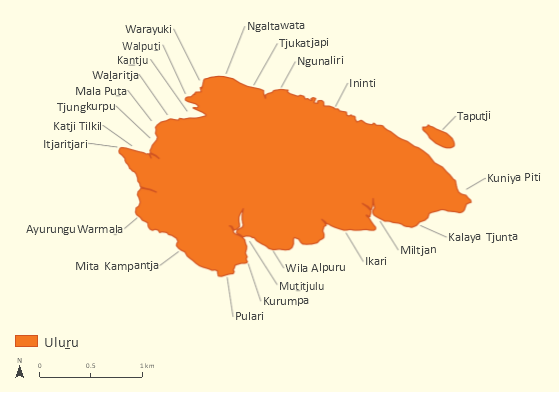 Figure 8, Map of some Anangu significant sites and places at Uluru