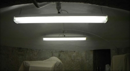 Photograph showing a smooth, white vaulted ceiling. Two elongated fluorescent lights hang suspended from the ceiling. 