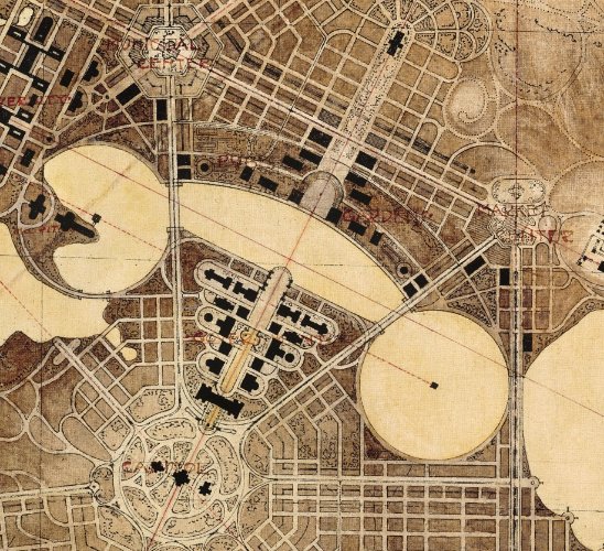 Sepia-toned plan of a city with roads aligned in a triangle.  Buildings within the triangle are symmetrically arranged either side of a central axis.  
