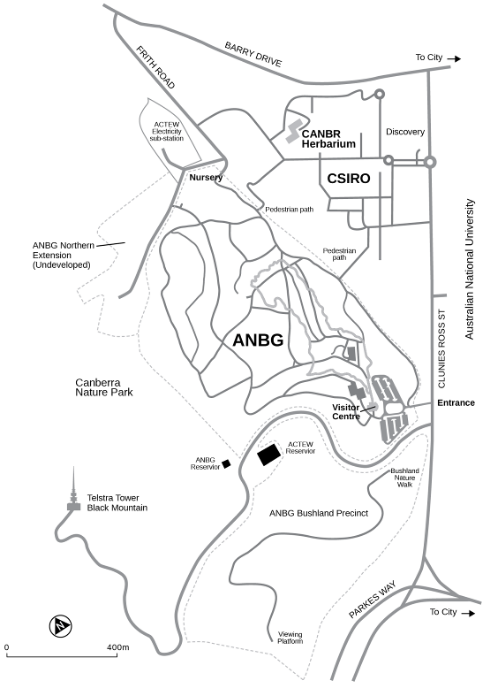Map 2: The Centre for Australian National Biodiversity Research (CANBR) in relation to the Australian National Botanic Gardens
