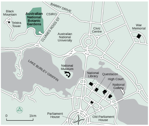 Map 3: Location of the Australian National Botanic Gardens in relation to Canberra city 