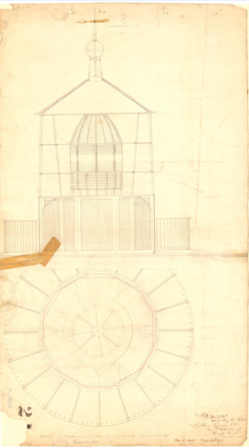 Blueprint showing drawings of a lantern house and lens. Fine line drawing on aged paper. Some signatures at bottom of drawings.