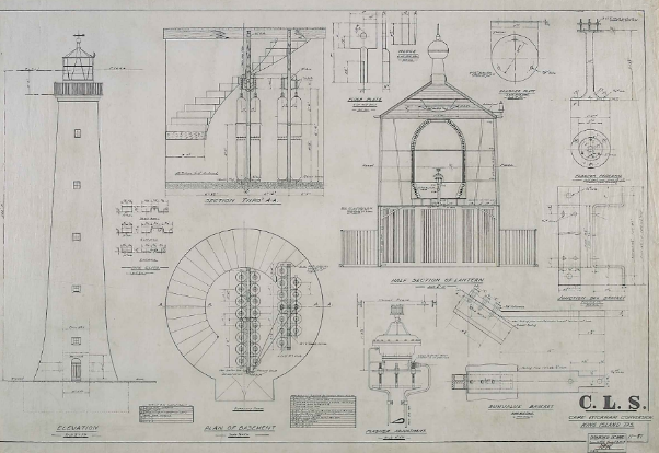 A Commonwealth Lighthouse Service blueprint design showing the fine line drawing of various lighthouse equipment.