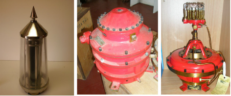 Photograph split into three. First photo shows a lighthouse sunvalve. Second photo shows a red lighthouse mixer. Third photo shows a red lighthouse flasher. 