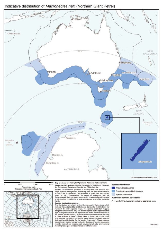 Map of modelled Australian distribution of Northern Giant Petrel (Macronectes halli) including breeding site.