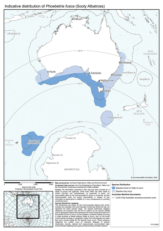 Map of modelled Australian distribution of Sooty Albatross (Phoebetria fusca).