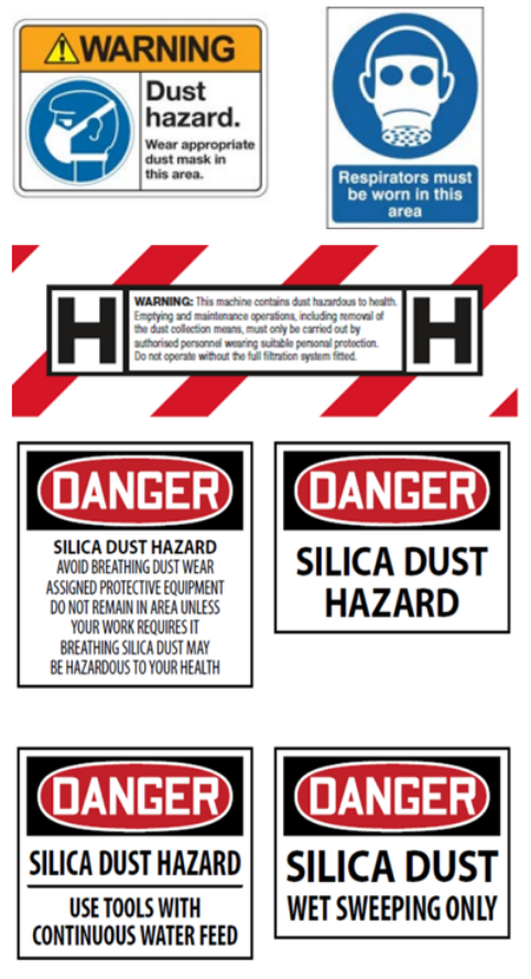 Examples of dust hazard signs

A range of dust hazard signs used in the workplace, displaying the word ‘Danger’ and a warning about a silica dust hazard. 