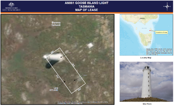 Lease map of Goose Island Lighthouse. Map outlines the lease areas under AMSA management.