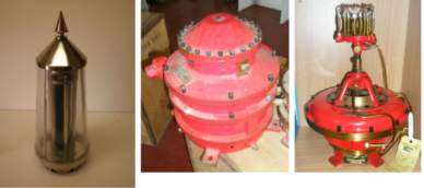 Photograph split into three. First photo shows a lighthouse sunvalve. Second photo shows a red lighthouse mixer. Third photo shows a red lighthouse flasher. 