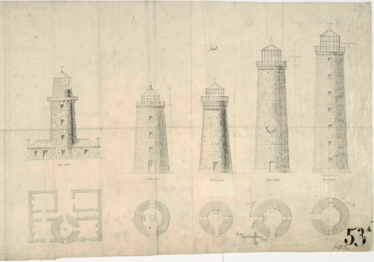 Blueprint drawing of five lighthouse towers and their floor plans.