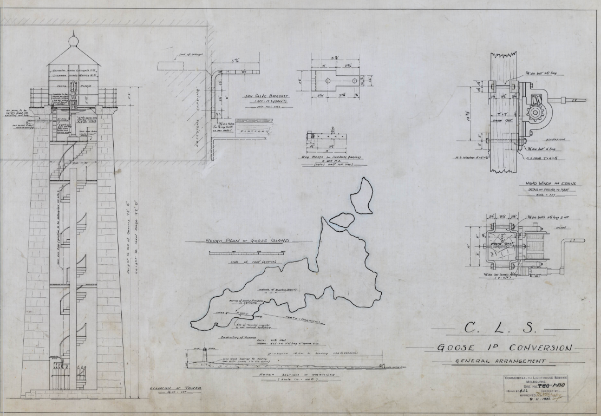 Blueprint drawing of lighthouse tower and its inner workings. The drawing includes various measurements.