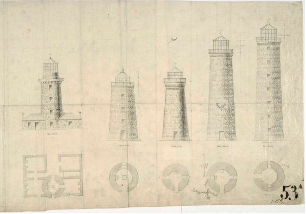 Blueprint drawing of five lighthouse towers and their floor plans.