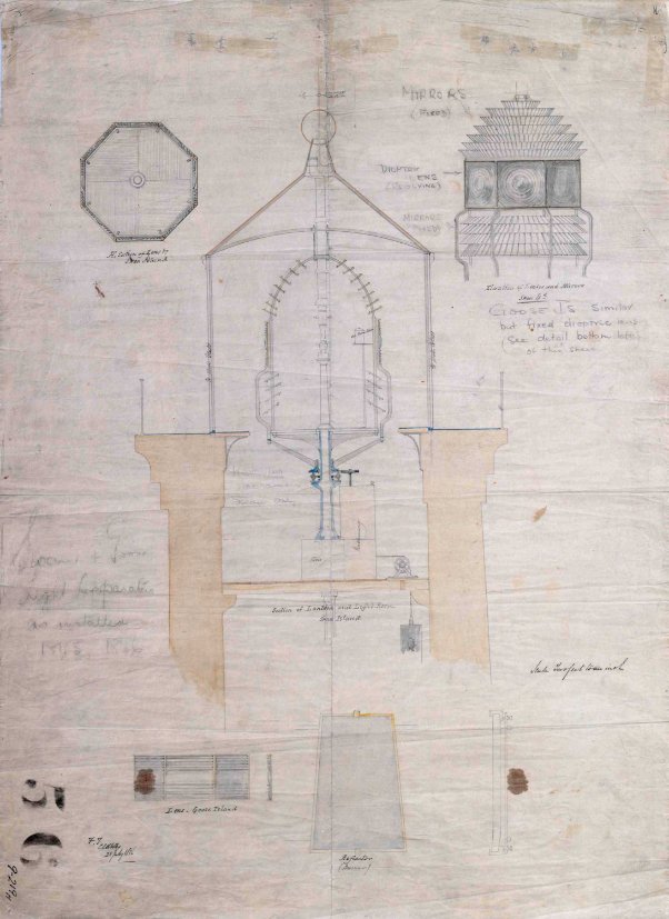Blueprint drawing of lantern house and lens for Swan Island Lighthouse. Measurements and scribbles adorn the page.