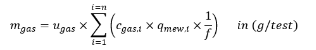Start formula m subscript gas equals u subscript gas times the sum of i equal to n and i equal to 1 open bracket c subscript gas,i times q subscript mew,i times start fraction  1 over f end fraction close bracket end formula in grams per test