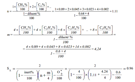Example 3: USA: CH4 = 89 per cent, C2H6 = 4.5 per cent, C3H8 = 2.3 per cent, C6H14 = 0.2 per cent, O2 = 0.6 per cent, N2 = 4 per cent