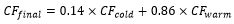 Formula for calculating the final conformity factor for the test for each pollutant

Start formula CF subscript final equals 0.14 times CF subscript cold plus 0.86 times CF subscript warm end formula