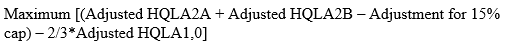 Start formula Maximum of open square bracket open round bracket Adjusted HQLA2A plus Adjusted HQLA2B minus Adjustment for 15% cap close round bracket minus start fraction 2 over 3 end fraction times Adjusted HQLA1, 0 close square bracket end formula