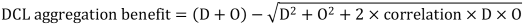 DCL aggregation benefit equals open bracket D plus O close bracket minus root D squared plus O squared plus 2 times the correlation of D times O.