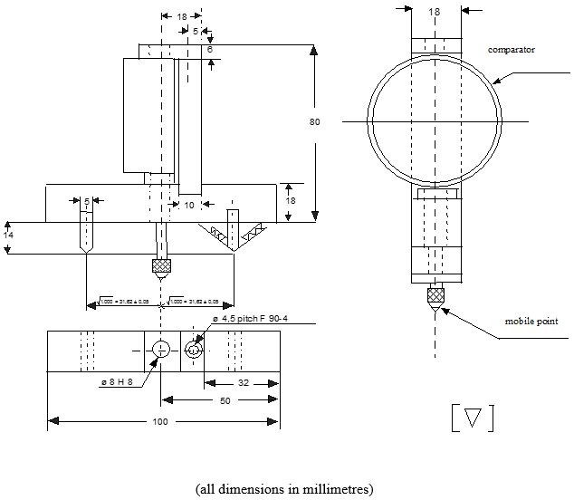 Two diagrams arranged horizontall on the page. The left diagram shows a front view of the measurements of a spherometer. The right diagram shows a closer front view of the spherometer from the mobile point upwards