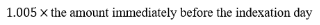 Start formula, 1.005 times the amount immediately before the indexation day, end formula.