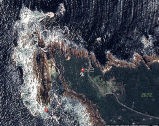Satellite map of Cape Sorell with red marker showing location of Cape Sorell Lighthouse.
