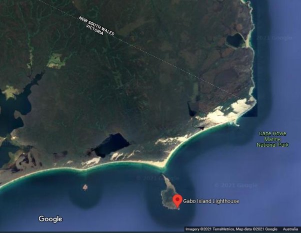 Satellite map of Gabo Island, south of the Victorian-New South Wales border. Red marker points to location of Gabo Island Lighthouse.