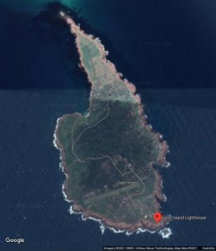 Satellite map of Gabo Island, red marker distinguishes location of Gabo Island Lighthouse on South end of island. 