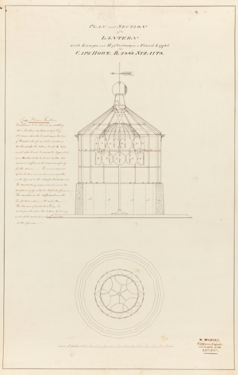 A drawing of a short lighthouse hut with lighting apparatus inside and weathervane on conical roof. Reads "Plan and Section of a Lantern with lamps and reflectors for a fixed light, Cape Howe, Bass Straits. Other script on page is illegible. 