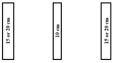 Image with dimensions, of left edge, centreline and right edge lane markings for two-lane, two-way road, with one lane each way and a single barrier line.