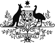 The black and white logo is the Commonwealth coat of arms and comprises of a kangaroo on the left facing right and an emu on the right facing left. In between the kangaroo and emu there is a shield depicting the six symbols of the six states of Australia. Above the shield is a seven pointed star. 
Golden wattle frames the shield and the kangaroo and emu and at the bottom of the shield you will see a scroll containing the word 'Australia'.