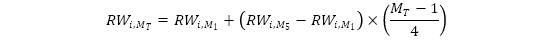 A formula to calculate the risk weight RW subscript i, M subscript T for credit rating grade i and tranche maturity M subscript T.