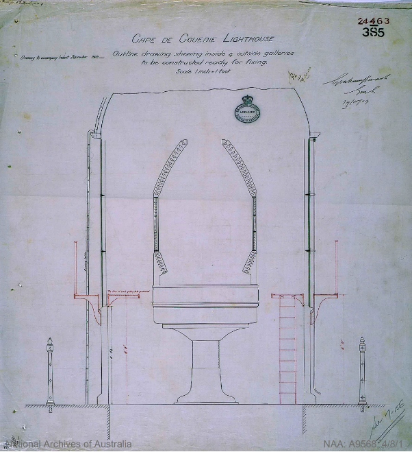 Drawing of Cape du Couedic lantern house and lens with various scribbles of specifications and measurements. 
