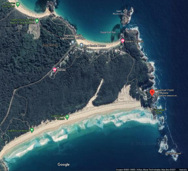 Satellite map of Seal Rocks and Sugarloaf Point with red market indicating location of Sugarloaf Point Lighthouse on Point. 