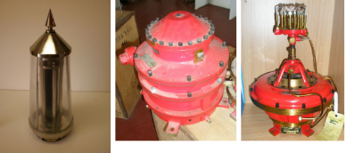 Photograph split into three. First photo shows a lighthouse sunvalve. Second photo shows a red lighthouse mixer. Third photo shows a red lighthouse flasher.