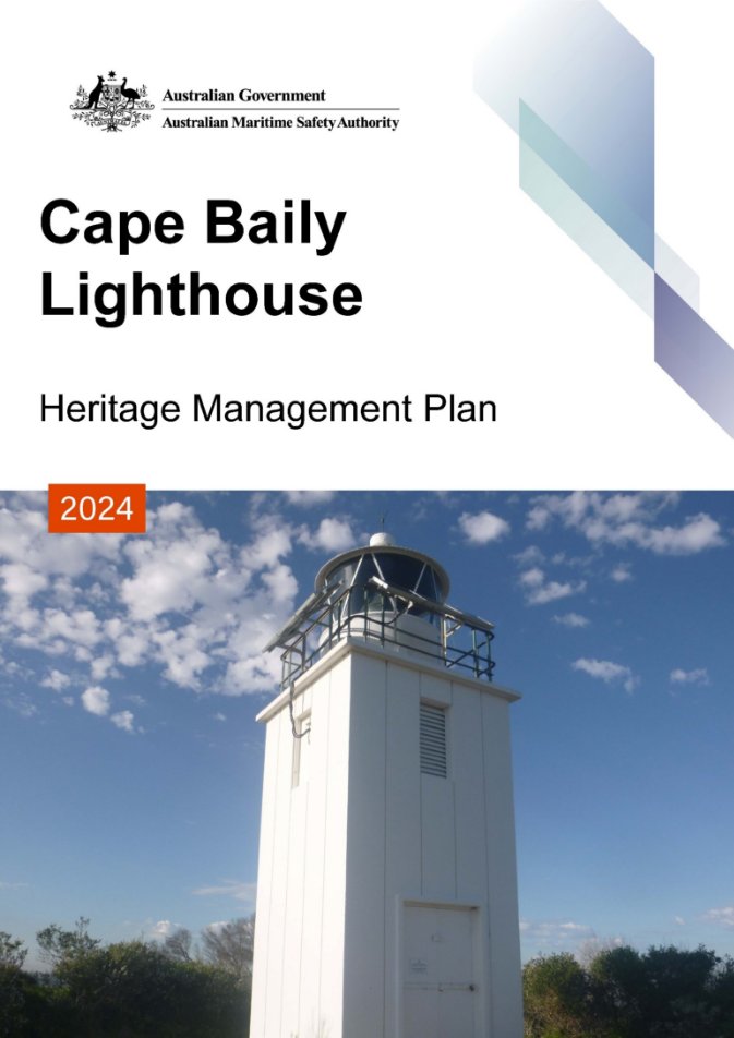 Cover page which reads "Cape Baily Lighthouse Heritage Management Plan 2024" accompanied by the Australian Government coat of arms and a photograph of a rectangular lighthouse tower against a blue sky.
