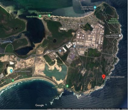 Satellite map showing Kamay Botany Bay National Park with red marker indicating location of Cape Baily lighthouse along coastline.