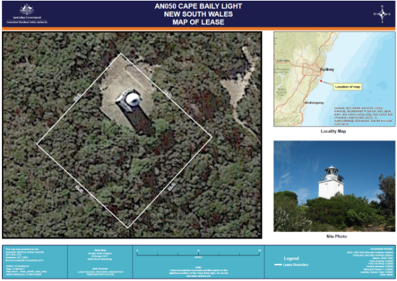 Map of lease showing AMSA's leased area of the Cape Baily aid to navigation site. 