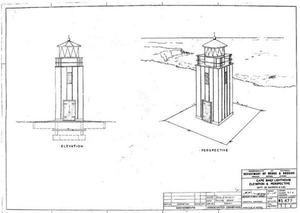 Architectural drawing of Cape Baily Lighthouse showing details of elevation and perspective.