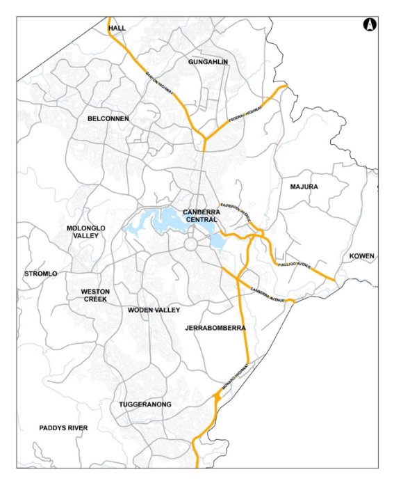 Map from the National Capital Plan that shows the locations of roads identified as Approach Routes into Canberra, including Monaro Highway. Approach Routes are Designated Areas where the NCA has planning authority and are highlighted in orange.