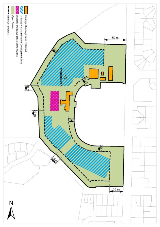 Drawing showing development controls, including heritage buildings to be retained, open space, and developable areas, for Block 7 Section 4 Yarralumla.