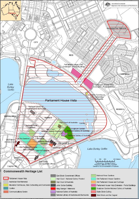 Drawn map of the parlimentary vista with a range of colours to list the heritage buildings 