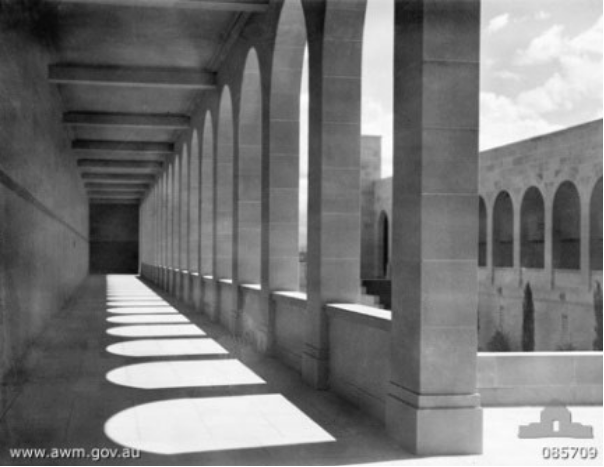 The cloisters in 1945 before the initial installation of the Roll of Honour panels.