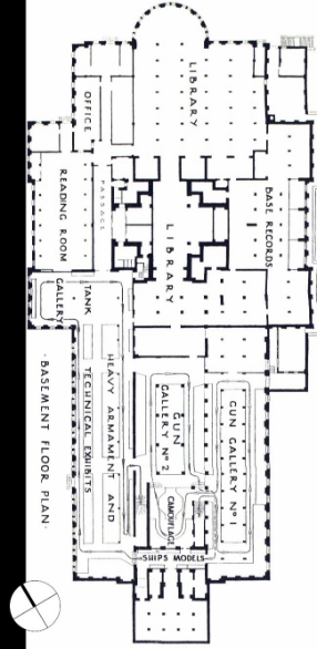 Basement Floor plans for the original galleries prior to the construction of the additional wings in 1960s. Galleries include Heavy armarment, gun galleries, library and orignal reading room.