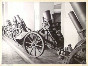 5 Trench mortars displayed in the Gun Gallery located on the basement level beneath the courtyard in 1945.