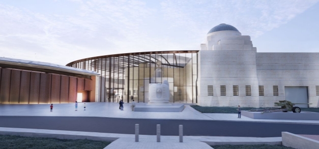 Render of the back of the Main memorial building with the new glazed link and Anzac Hall.