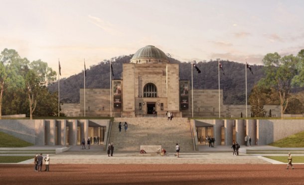 Front of the memorial building with the new front steps and Southern Entrance Rendered in.